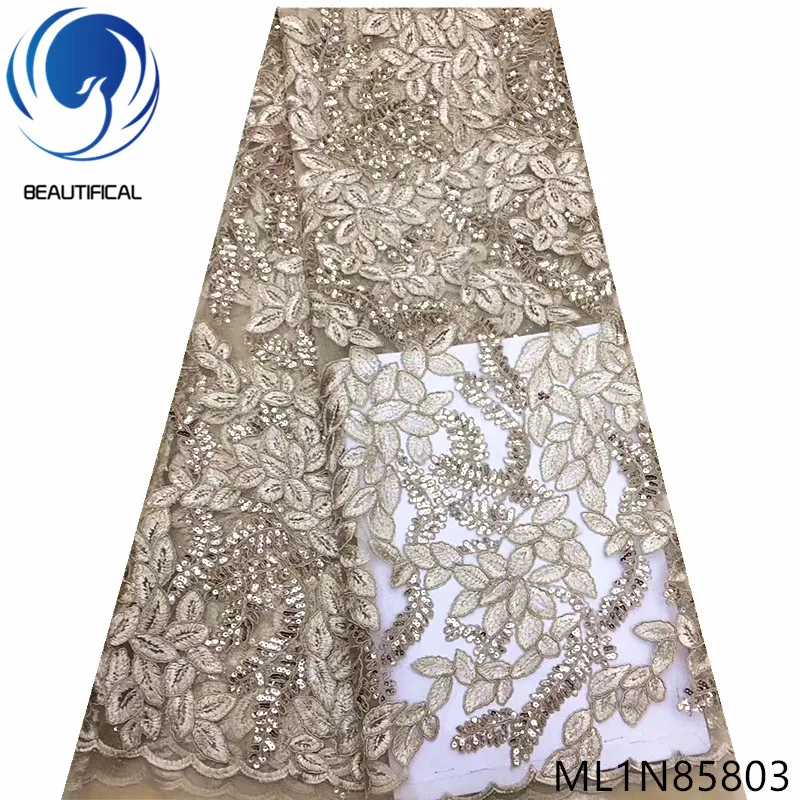 

Beautifical french lace fabrics Latest style embroidery net lace fabric 5yards/lot lace sequins fabric for dresses ML1N858