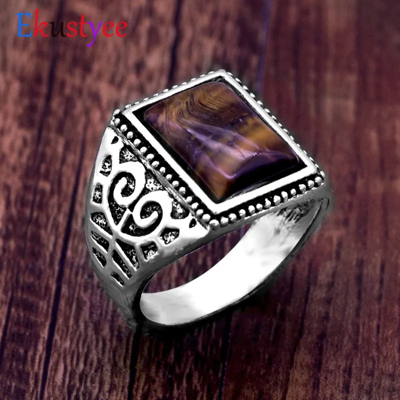 

Square Tiger-Eye Stone Rings Men Vintage Tibetan silver plated Ring 2018 new arrival jewelry Party gift
