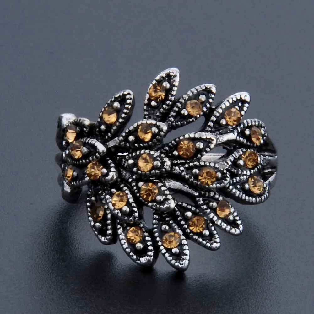 

MYTHIC AGE Bohemian Vintage Antique Silver Color Brown Crystal Peacock Ring Jewelry For Women Girls US Size 8 9 10