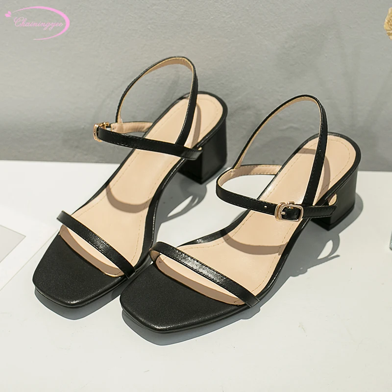 

Chinese simple style genuine leather summer sandals fashion belt buckle cowhide black apricot beige medium heel women shoes
