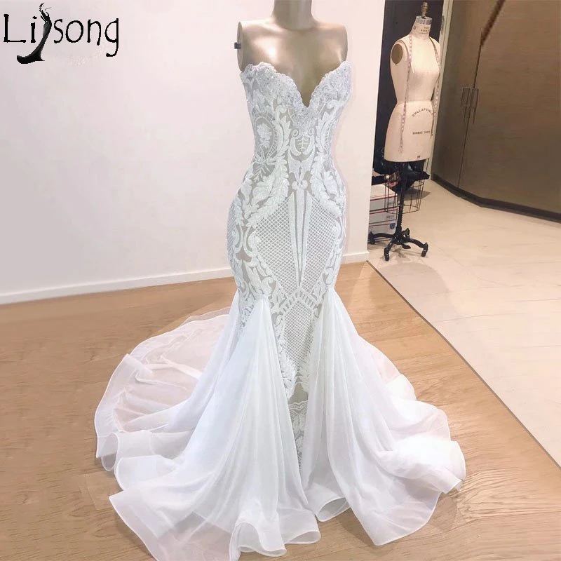 

Gorgeous White Mermaid Wedding Dress 2019 Sweetheart Off shoulder Lace Arabic Bridal Wedding Gowns Robe de mariee Custom Made