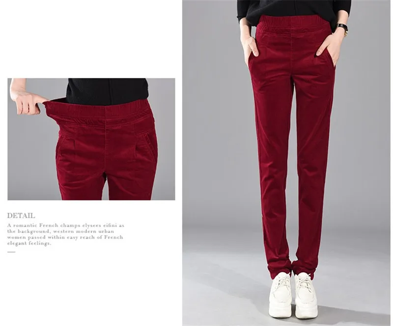 Осенне-зимние женские брюки вельветовые длинные брюки с высокой талией брюки размера плюс толстые эластичные талии плюс бархатные брюки карандаш W474