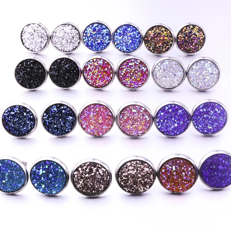 

8/12mm Stainless Steel Faux Druzy Drusy Stud Earrings Resin Bright Stud Earrings