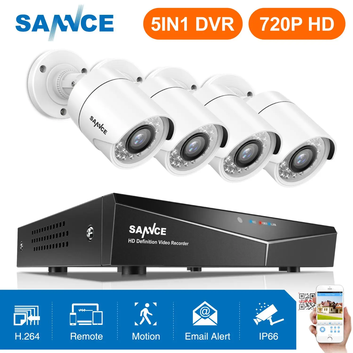 

SANNCE 4CH 720P Video Security System 1080N 5IN1 DVR With 1.0MP 1200TVL Outdoor Weatherproof Bullet White Camera Home CCTV Kit