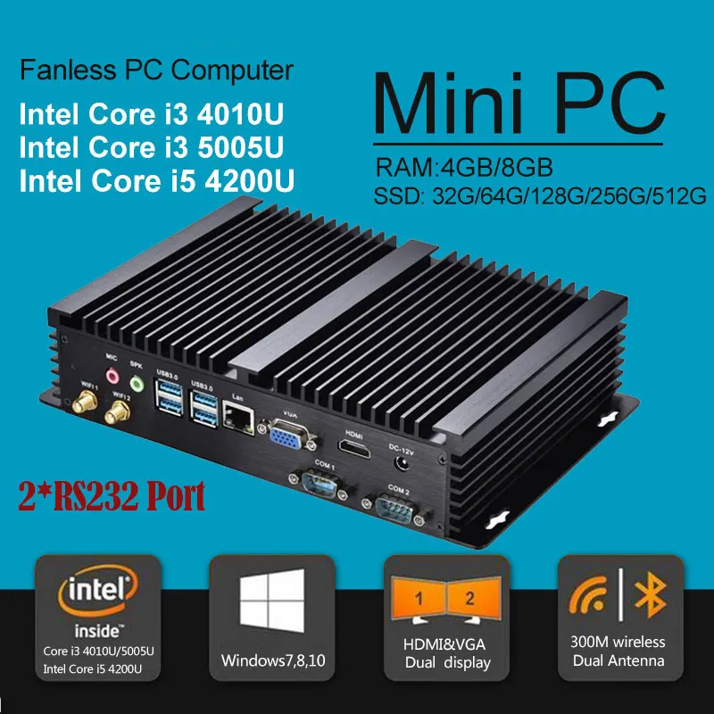 Fanless Mini PC windows 10 industrial PC i5 4200u 1.6GHz TV Box 4G RAM 64G SSD industry computer