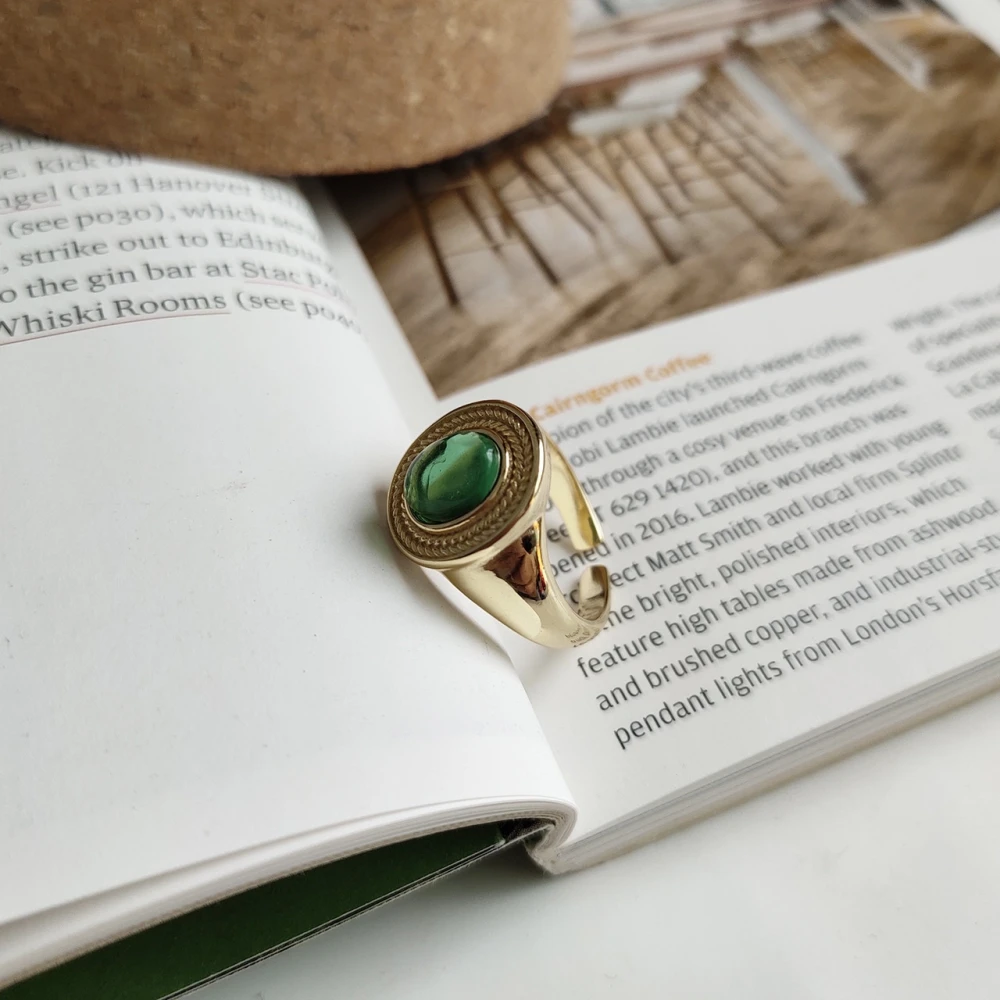 925 пробы Серебряное Золотое кольцо простое дикое овальное кольцо с зеленым природным камнем камень для мая изумруд ювелирные изделия кольца, подарок на день рождения