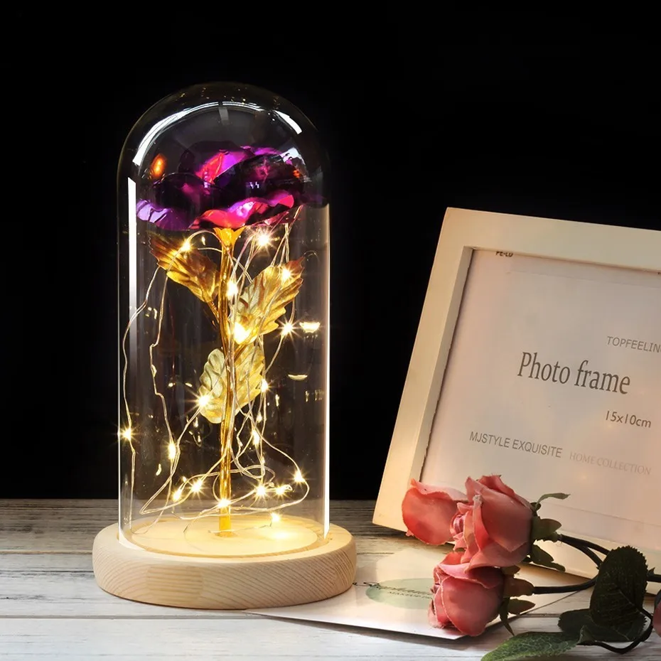 СВЕТОДИОДНЫЙ Светильник-ночник для дома, спальни, декор «Красавица и Чудовище», красная роза в колбе, стеклянный купол на деревянной основе, подарок на день Святого Валентина - Испускаемый цвет: 05