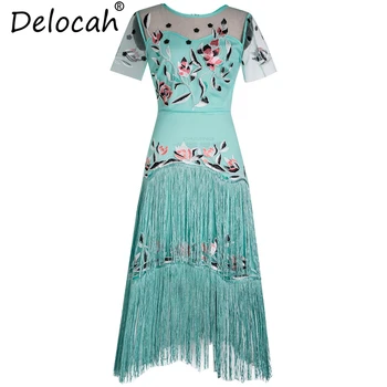 

Delocah Women Spring Summer Dress Runway Fashion Short Sleeve Elegant Mesh Overlay Floral Embroidery Tassel Vintage Midi Dresses