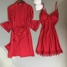 Женская сексуальная ночная рубашка шелковая кружевная Пижама с v-образным вырезом 2 шт. халат ночная рубашка мини без рукавов Женская ночная рубашка с мягким бюстгальтером