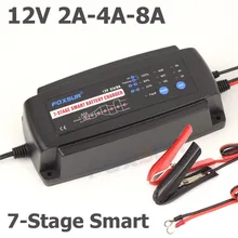 FOXSUR 12V 2A 4A 8A 7-stage smart Battery Charger, GEL WET AGM Battery type & Charge current selectable, Car battery charger