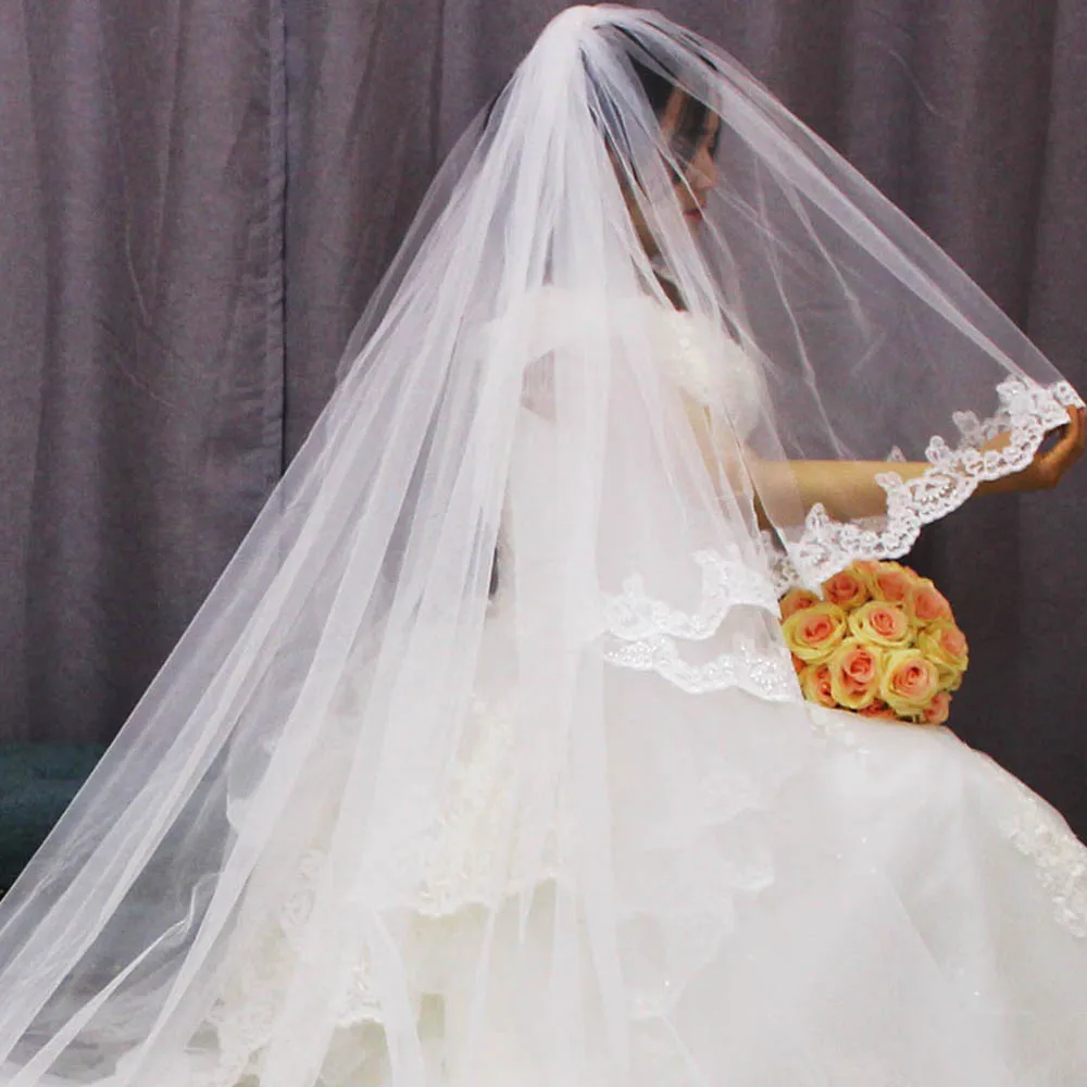 Фата свадебная двухслойная длинная кружевная с блестками 3 м 2T Белый/цвет