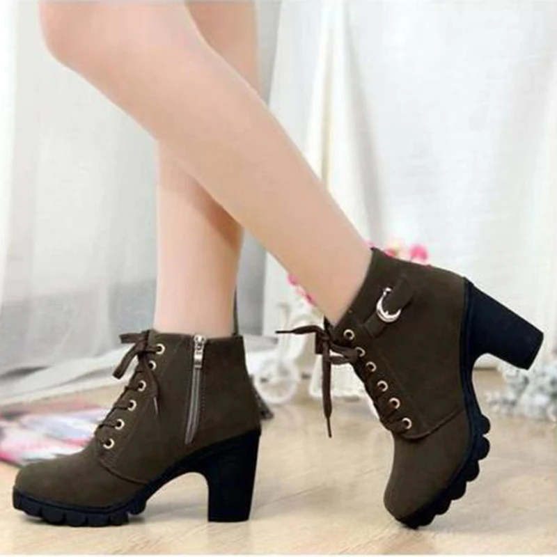 

Plus Size Ankle Boots Women Platform High Heels Lace Up Buckle Strap Shoes Thick Heel Short Boot Ladies Zipper Footwear