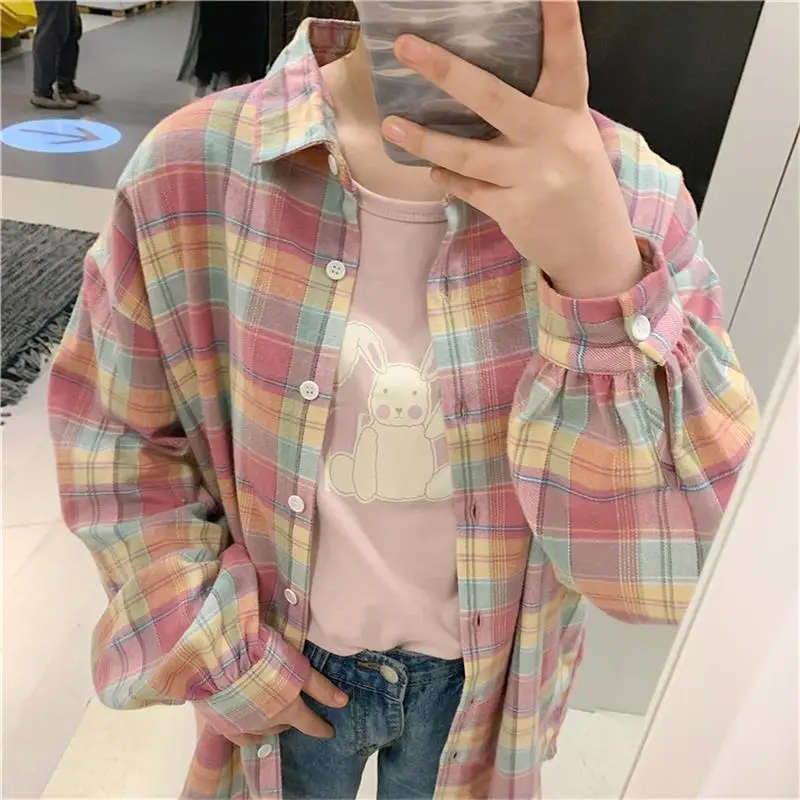 

Loose Lantern Sleeve Rainbow Plaid Shirt Women's Summer Shirts Kawaii Ulzzang Lovely Female Sweet Harajuku Cute Top For Women