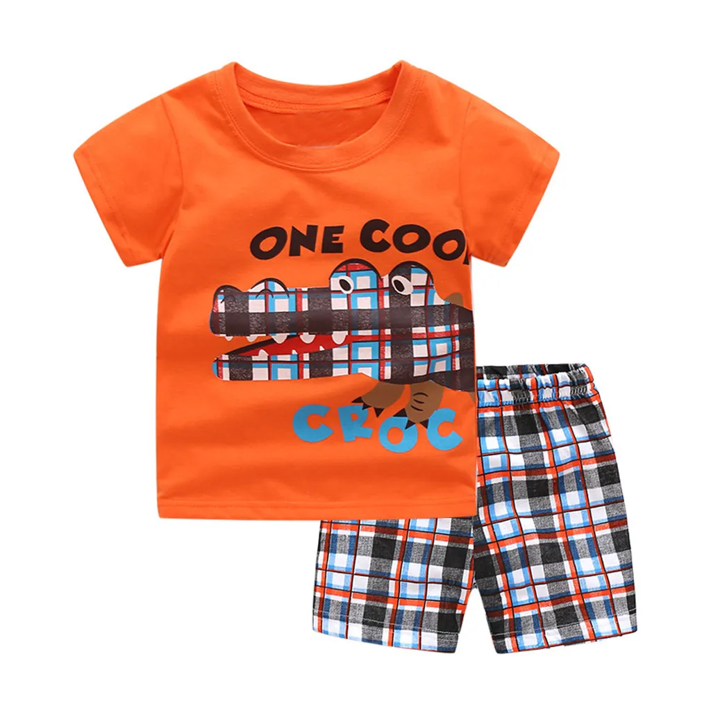 

2019 NEW ARRIVAL Toddler Kids Baby Boys Cartoon Dinosaur Crocodile T Shirt Grid Short Outfits O-Neck Short Sleeve Summer Hot W#4