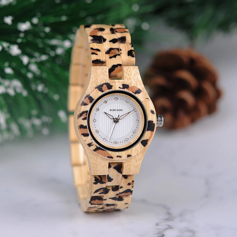 

BOBO BIRD WP26 Women Bamboo Watch Fashion Leopard Pint Ladies Rhinestone Wristwatch in Wood Box