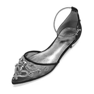 Элегантный стиль, для невесты, для свадьбы туфли на плоской подошве с острым носком с ремешками на лодыжках кристалл аппликация сетки атласная вечернее платье Квартиры вечерние выпускного для девочек Танцы - Цвет: Black