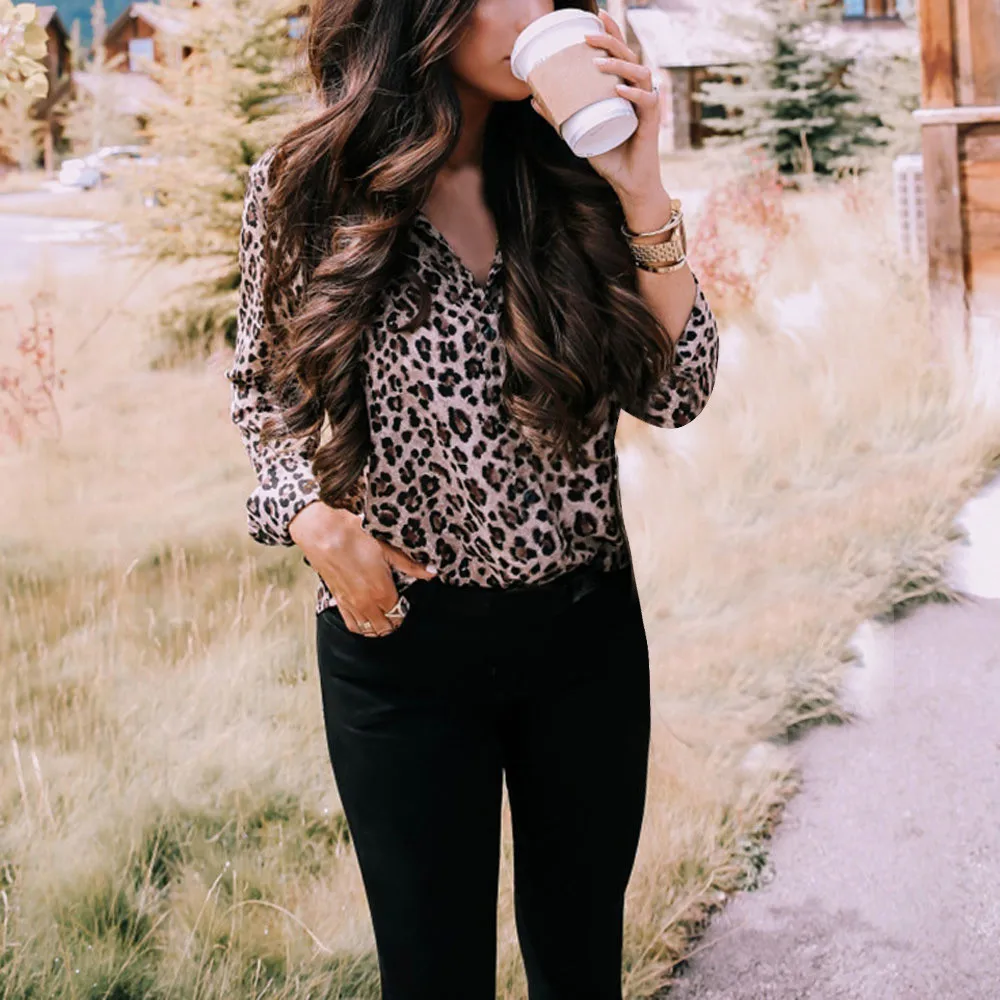 

Leopard Print Blouse Shirt Women Long Sleeve V Neck Shirt 2019 Spring Summer Fashion Button Ladies Tops Casual Loose Clothing