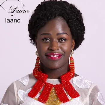 

Laanc Opaque Red Nigerian Wedding African Beads Bridal Wedding Party Jewelry Set Crystal Necklace Earrings for Women NAL559