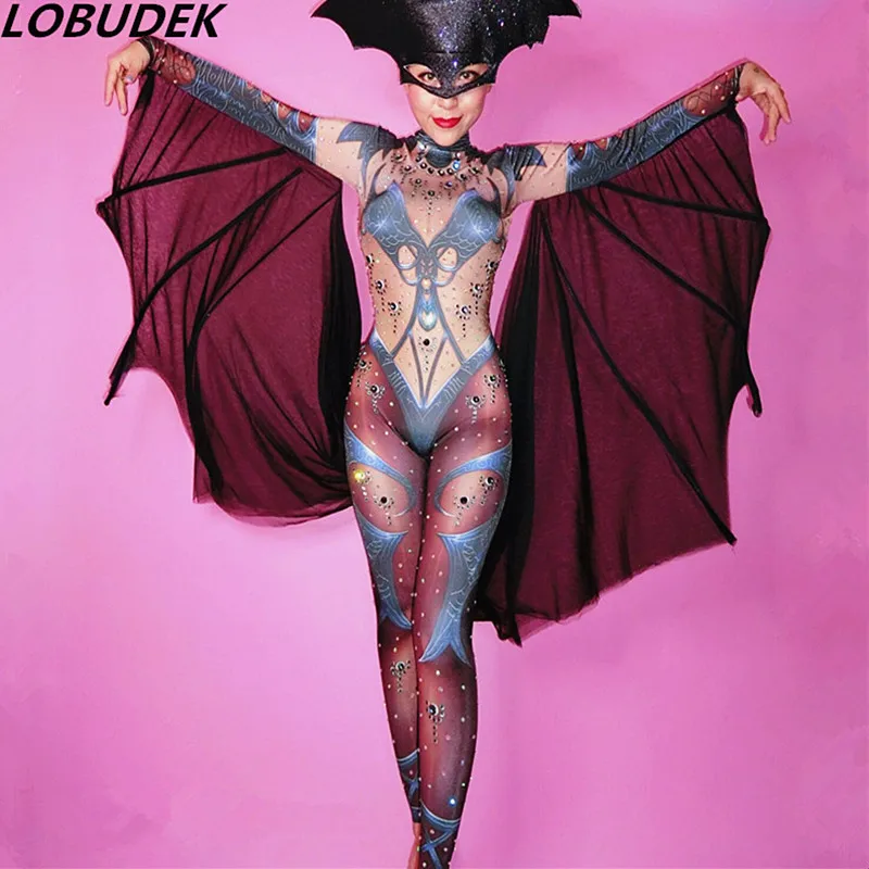 

3D Pattern Printed Spandex Jumpsuit With Wing Women Halloween Costume Nightclub Bar Party Show Role Performance Stage Bodysuit