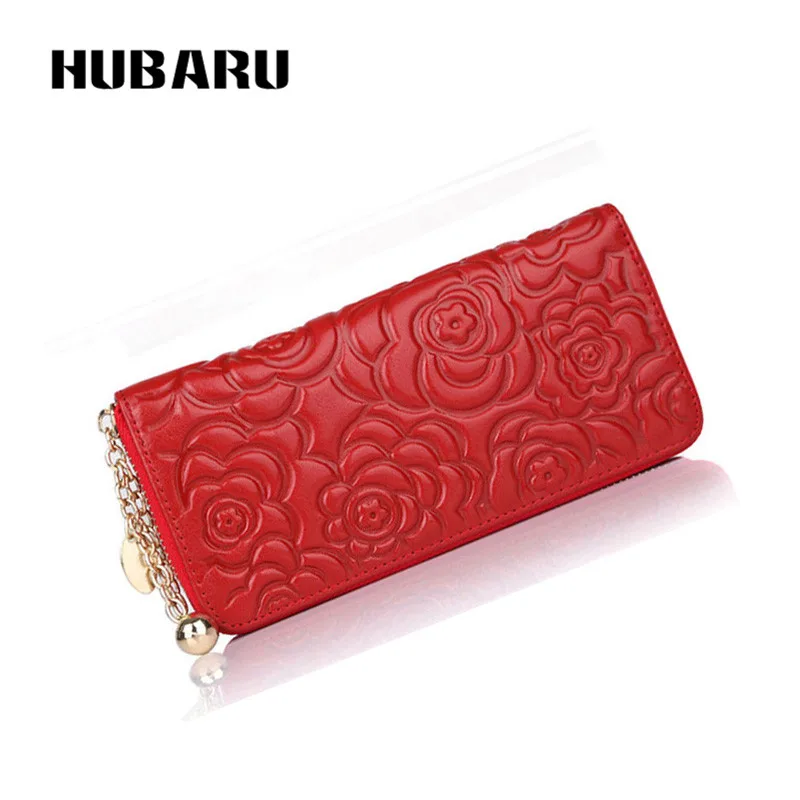 

HUBARU Women Wallet Fashion Oil Waxing Leather Long Clutch Wallet Flower Embossing Purse Phone Pocket Female Big Zipper Purse