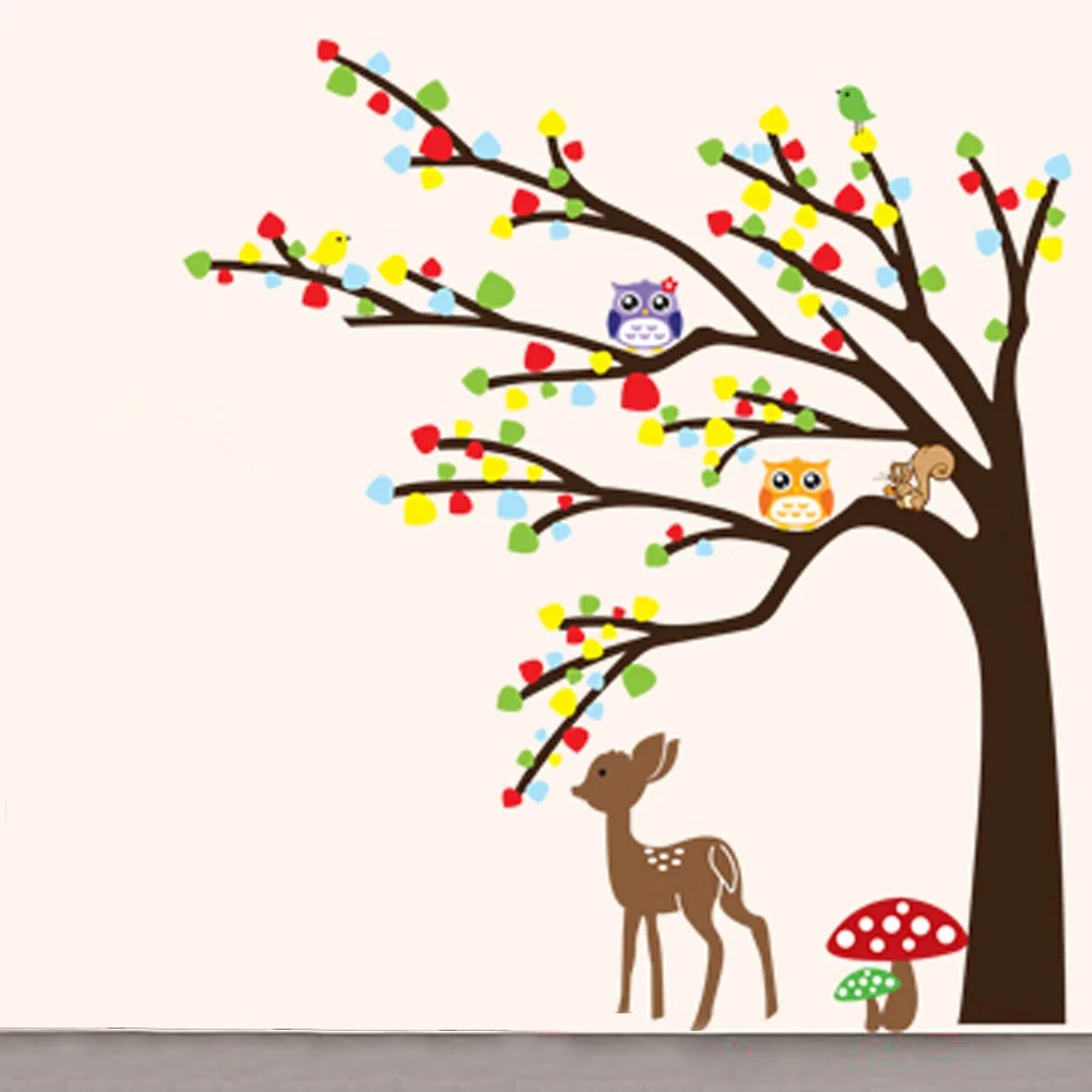Kartun Lucu Hewan Rusa Burung Hantu Tree Jamur Dinding DIY Stiker