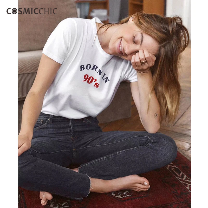 

Cosmicchic Haute Couture Letter Print Women T shirt Bron in 70-80-90's Casual Cotton Short Sleeve Tees Tops LY205