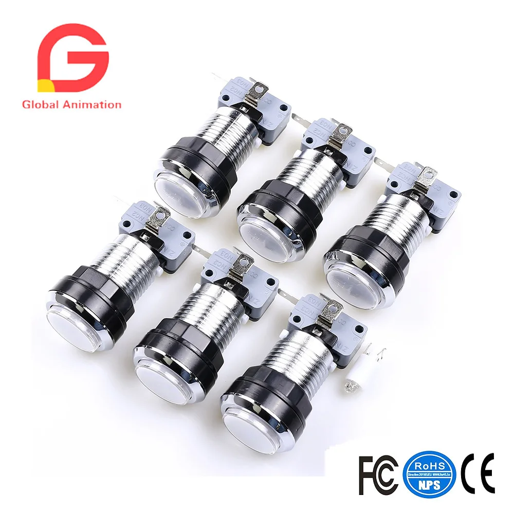 

6 Pcs/lots Chrome Illuminated Arcade Button With 5V LED Lamp & Microswitch For Arcade Fighting Games Projects-white