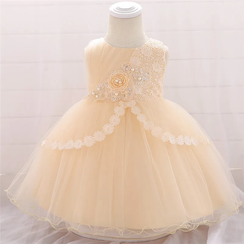 Кружевное нарядное платье-пачка для девочек; платья для малышей с цветочной аппликацией и бусинами; детское платье принцессы для дня рождения и крещения; L1903XZ - Цвет: champagne