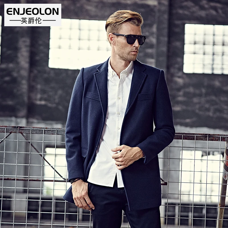 

Enjeolon brand Men casual Long Wool Blends New Male Single Breasted woolen coats outwear Windbreaker caot jacket WT0812