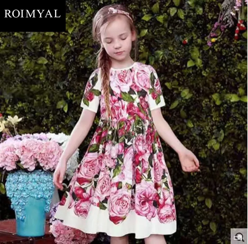 

Roimyal Wholesale 2017 New Toddler Kids Brand Printed Dress Baby Girls Summer Short-Sleeve Cute Clothing Free Shipping