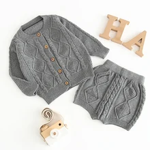 Вязаные комплекты одежды для девочек Вязаный костюм из чистого хлопка куртка с длинными рукавами и шорты Одежда для девочек из двух предметов комплекты одежды для девочек от 0 до 24 лет