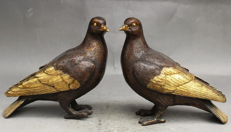 

7" Old China FengShui Auspicious Bronze Gilt Wealth Dove Peace dove Statue Pair