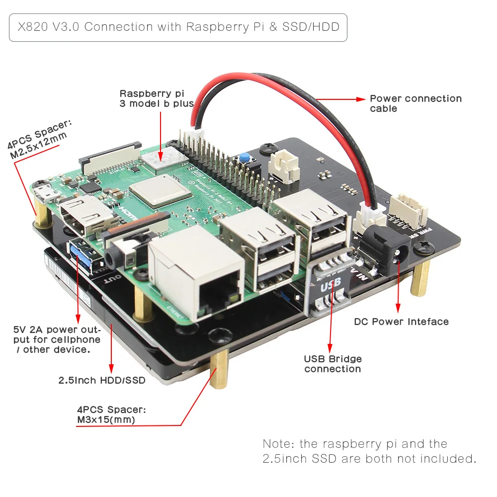 Raspberry Pi X820 2," SATA плата для хранения+ X735 плата управления питанием+ блок питания+ металлический чехол для Raspberry Pi 3B+/3B/ROCK64