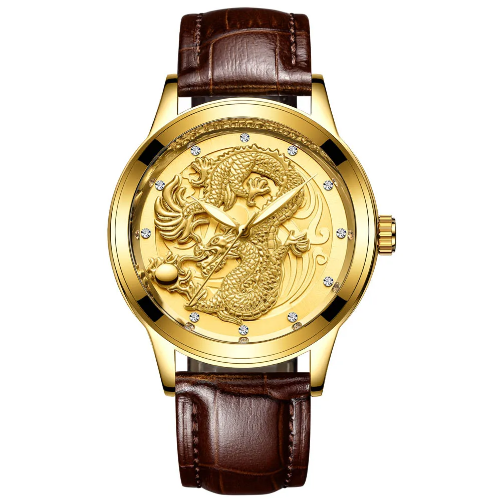 FNGEEN New watch male quartz watch dragon pattern luminous gold color quartz ultra-thin steel belt 