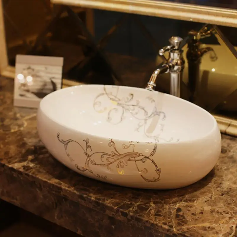 

Oval Shape Europe style chinese wash basin vessel sinks Jingdezhen Art Counter Top ceramic basin sink color ceramic wash basin