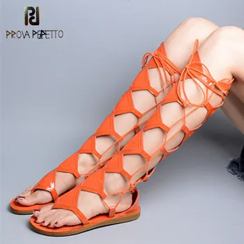 

Prova Perfetto Narrow Band Cross-tied Women Sandals Boots Summer Hollow Out Knee High Boots Flat Heel Spell Color Shoes Woman