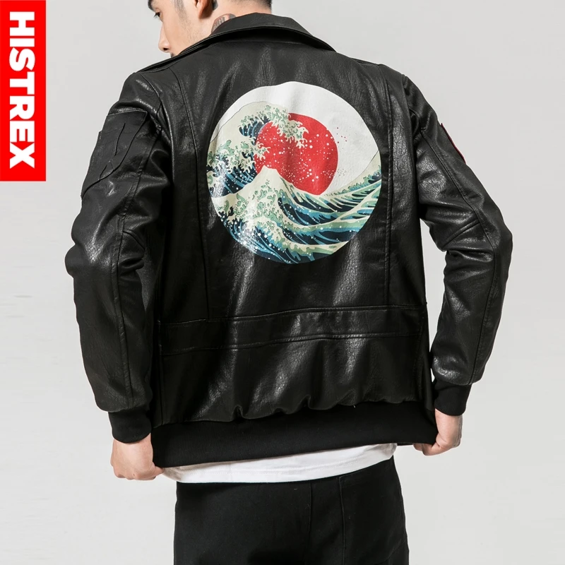 HISTREX вышивка японский кран мотоциклетная кожаная куртка для мужчин китайский кандзи стиль добра куртки черный коричневый пальто HT09AX1