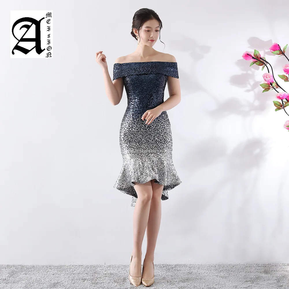 

Short Front Long Back Mermaid Evening Dress Fashion Boat Neck Gradient Color Sequin Long Party Dinner Evening Dresses