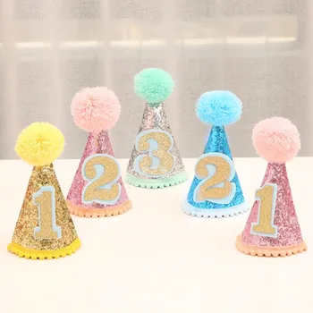 

New Pompon Ball Number Birthday Hat Headband Kids Adults Party Hats Headwear Birthday Party Supplies