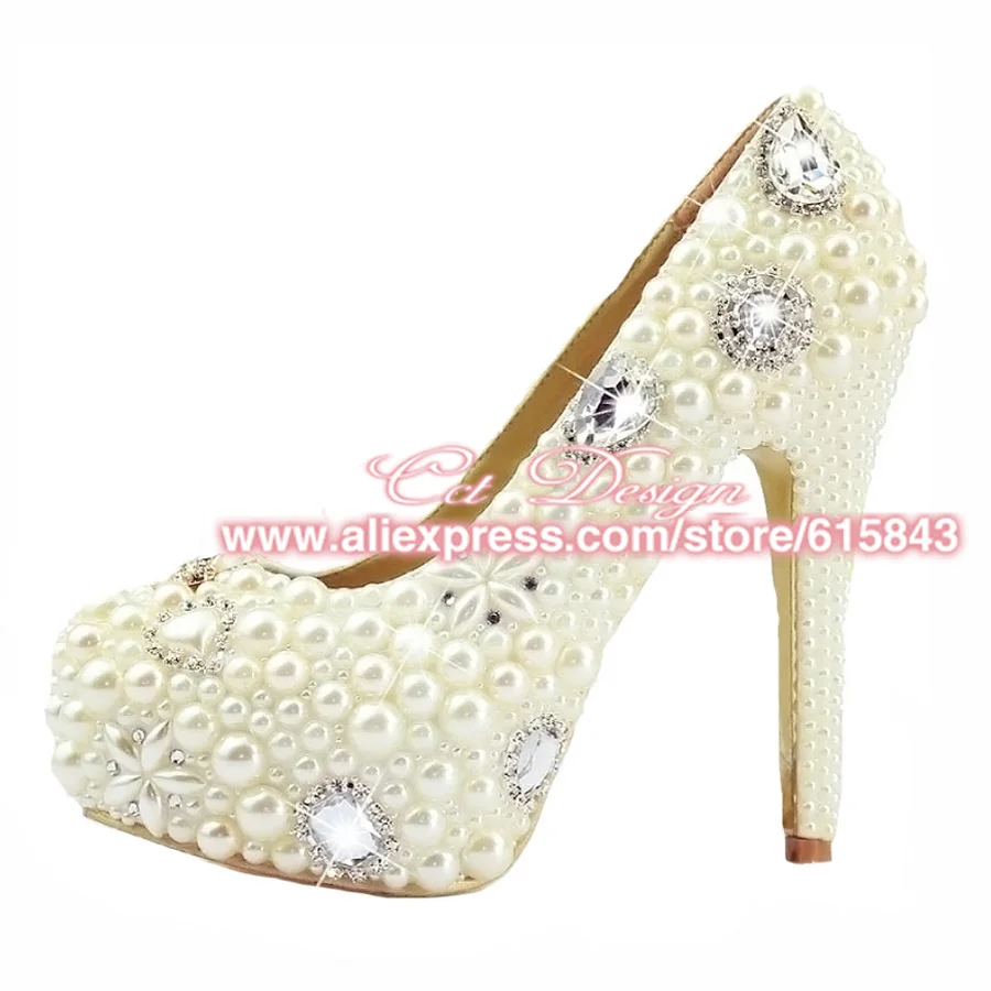 

2017 Women Pumps Handmade Custom Color Pearls Crystal Diamond Wedding Shoes White Bridal Shoes Party High-Heels
