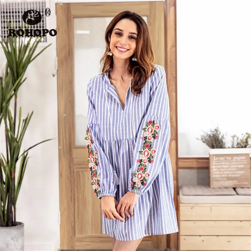 

Long Sleeve Striped Straight Autumn Dress Women V neck Applique Lantern Sleeve Mini Summer Korean Outwear Female 2019 #C3051