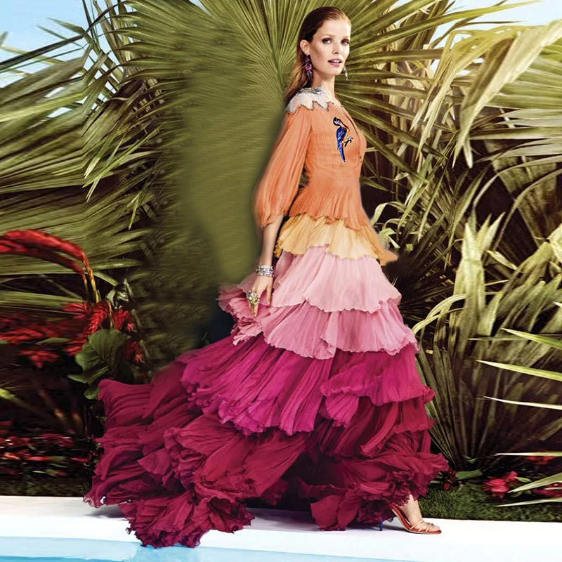 

LD413 New Fashion Women Clothes Catwalk high-end embroidery Exquiste color Pleat perfect Layered Dress