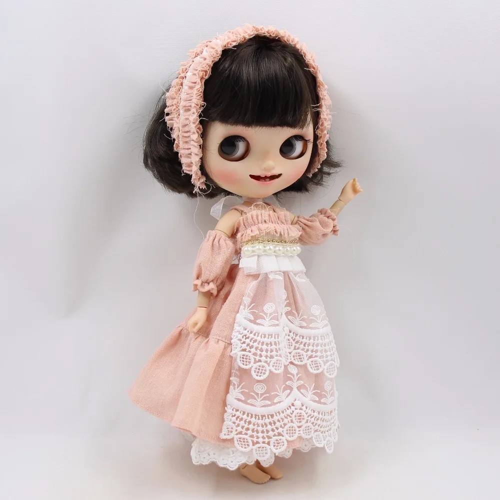 Neo Blythe Doll Pink White Embroidery Pearls Dress with Hairband 2