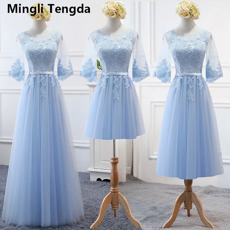 

New Sky Blue Bridesmaid Dresses Lace Half Sleeve for Spring Autumn Outdoor Wedding Party Gown Formal Robe Demoiselle D'honneur