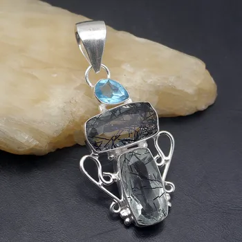 

Hermosa Special Design Rutilated Quartz BlueTopaz Necklace Pendant Charms 2 1/4 Inch A627