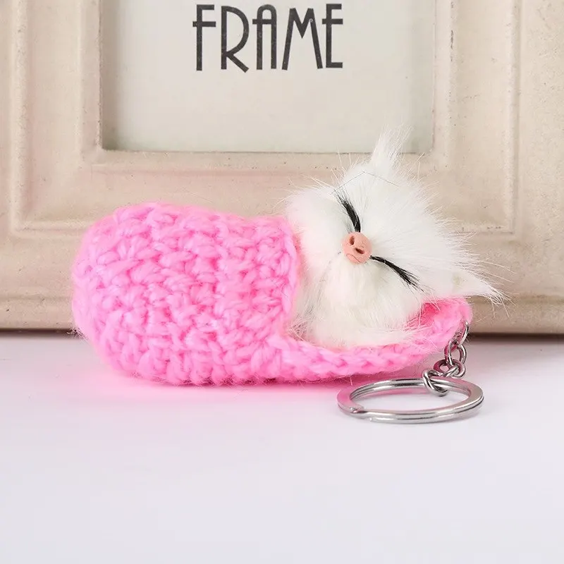 

Creative Cute Sleeping Cat Pompom Keychains For Women Girls Handmade Woven Shoes Faux Rabbit Fur Kitten Key Chains Fluffy Car