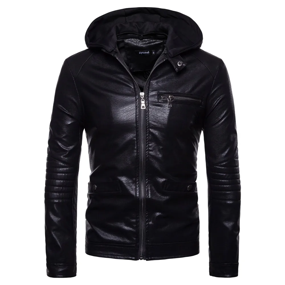 Black Hooded PU Faux Leather Jacket Men 2018 Autumn Winter Windproof Motorcycle Biker Jacket Mens Hip Hop Bomber Jacekts Coats