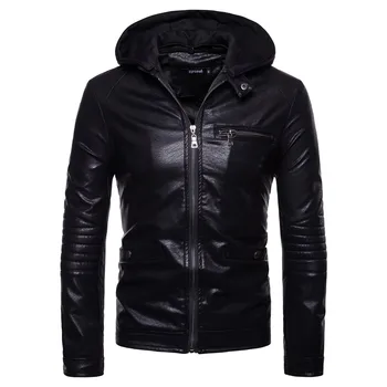 

Black Hooded PU Faux Leather Jacket Men 2018 Autumn Winter Windproof Motorcycle Biker Jacket Mens Hip Hop Bomber Jacekts Coats