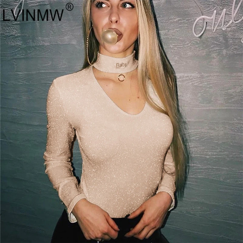 LVINMW Sexy Reflective Letter Embroidery Skinny Bodysuits 2018 Autumn Winter Women Long Sleeve Halter Neck Short Romper Overalls