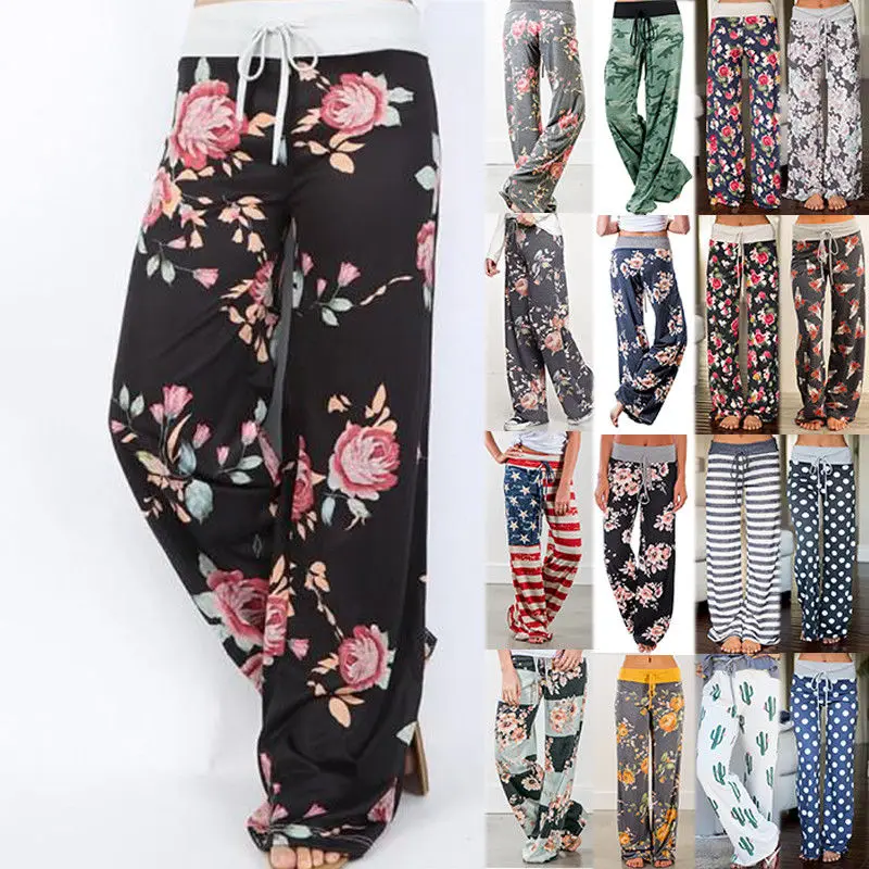 

Causal Women Autumn Flower Print Pants 2018 Drawstring Wide Leg Pants Loose Straight Trousers Long Female Plus Size Trousers